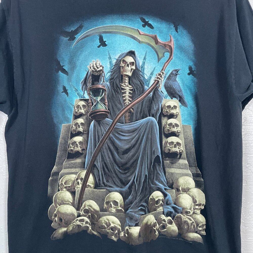 ODM Men L Black Grim Reaper Skull Throne Graphic T-Shirt Cotton Grunge Goth - Picture 4 of 6